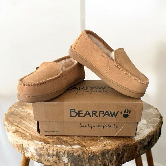 BearPaw Jamie Sheep Wool Lined Youth Moccasin Slippers Iced Coffee Size 4 - Picture 1 of 13